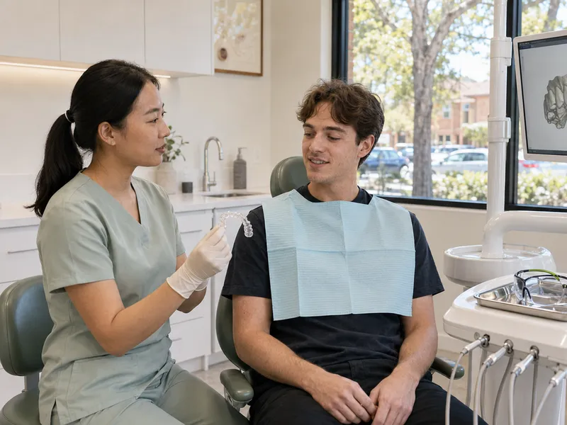 Clinician showing a clear aligner to a teenage patient